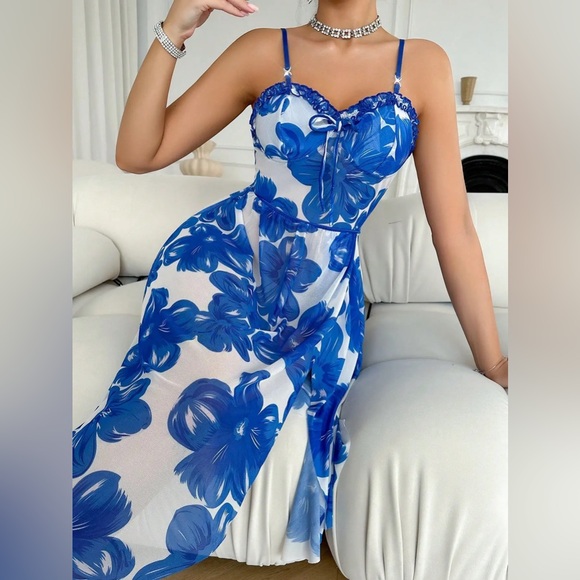 High Slit Blue Floral Midi Glam Nightgown Lingerie - Picture 6 of 8